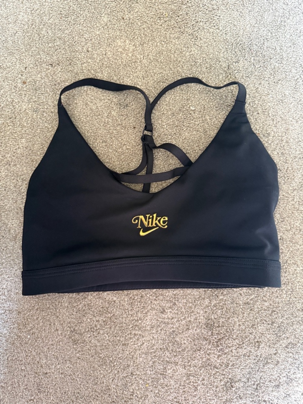 Nike Black Sports Bra with Gold Logo and Strappy Back